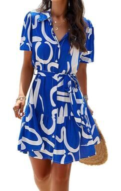 BROVAVE Women Casual Shirt Dress Short Sleeve V Neck Tie Waist Button Down Large